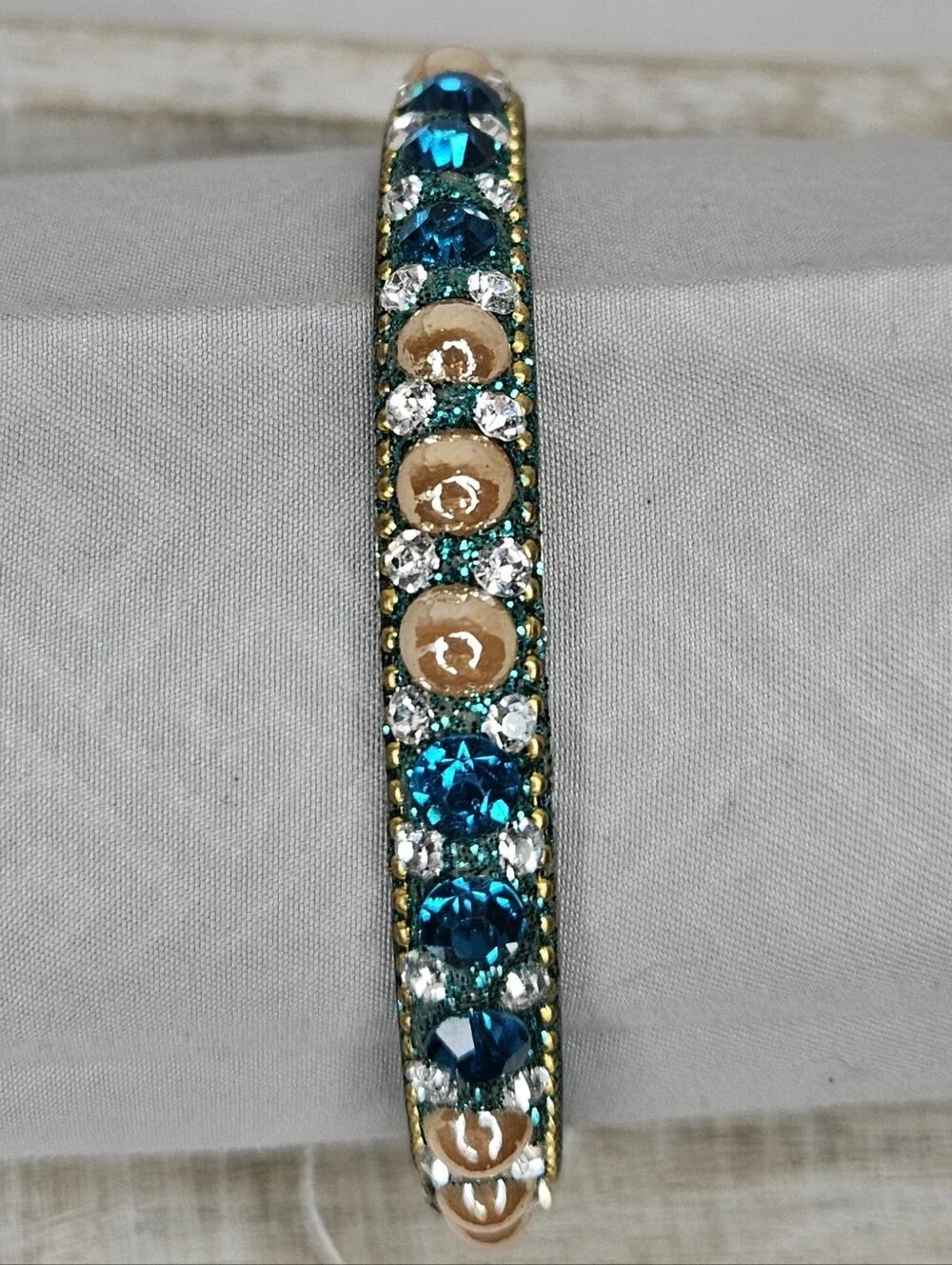 Vintage Gold Teal Crystal Rhinestone Bangle Bracelet Antique Boho Beaded Trim
